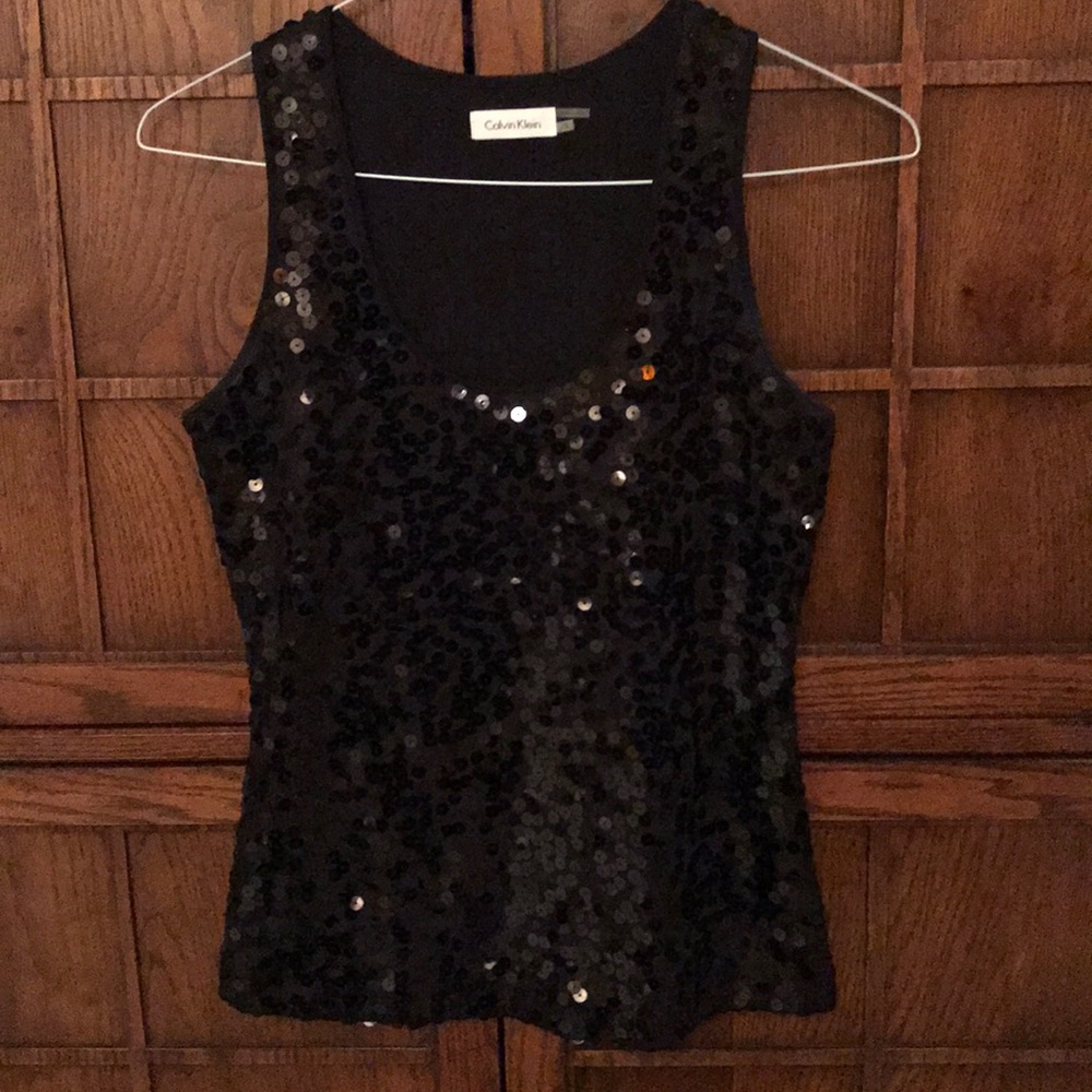EUC CALVIN KLEIN BLACK SCOOP NECK SEQUIN TOP SZ XS